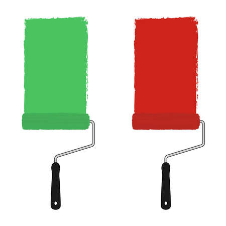 Green and red color paint roller with trace of paint. Vector clip art illustration isolated on whiteのイラスト素材
