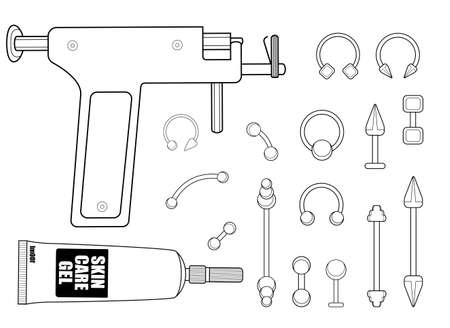 Set of professional body piercing instruments: piercing gun, skin care cream, piercings collection. Contour lines vector illustration isolated on whiteのイラスト素材