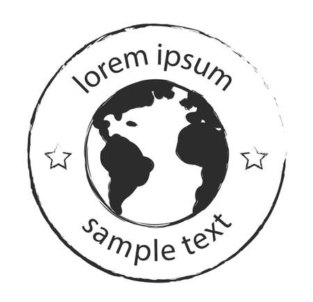 Grunge scratched planet earth logo with stars. Black color vector clip art illustration isolated on whiteのイラスト素材