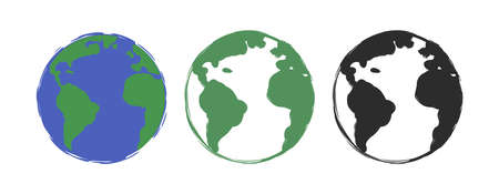 Planet earth grunge scratched drawing paint icons. Vector color clip art illustration isolated on whiteのイラスト素材