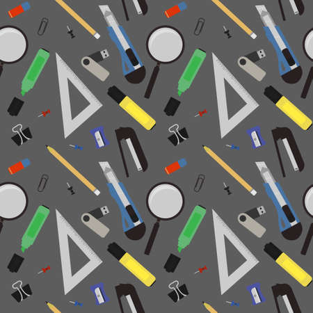 Stationery tools vector pattern: eraser, clip, binder, pencil, knife, magnifying glass, green marker, usb flash drive, yellow marker, sharpener, stapler, triangular ruler, paper clip, No outlinesのイラスト素材