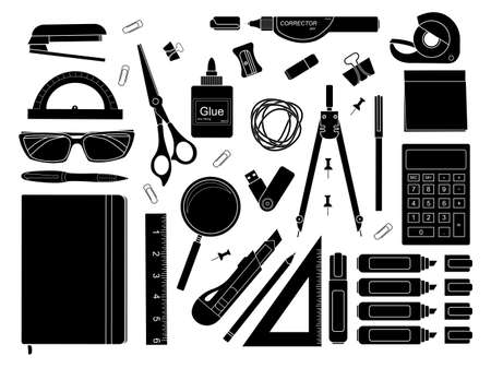 Stationery tools: marker, paper clip, pen, binder, clip, ruler, glue, zoom, scissors, stapler, corrector, glasses, pencil, calculator, eraser, knife, compasses, protractor, black and white colorsのイラスト素材