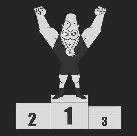 Sportsman standing on podium with gold medal on his neck. Vector clip art chalk illustration isolated on blackのイラスト素材