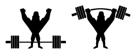 Sportsman lifting heavy barbell. Athlete standing with raised hands. Vector clip art contour lines illustration isolated on whiteのイラスト素材