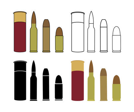 Bullets game set. Shotgun, rifle, pistol. Color, contour lines, black, no outline. Vector clip art...