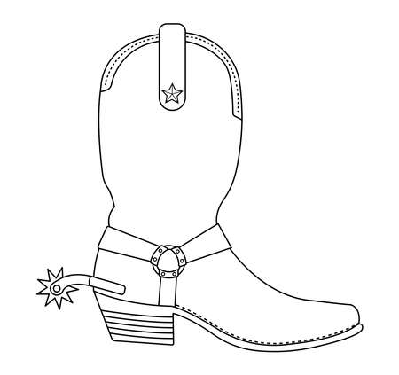 Wild west cowboy boot with spur and star. Contour lines vector clip art illustration isolated on whiteのイラスト素材