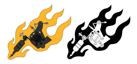 Tattoo machines in flame. Color, black and white. Vector clip art illustrations isolated on whiteのイラスト素材