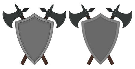 Two crossed axes and steel shield heraldry emblem. Medieval logo. Clip art color vector illustration isolated on whiteのイラスト素材