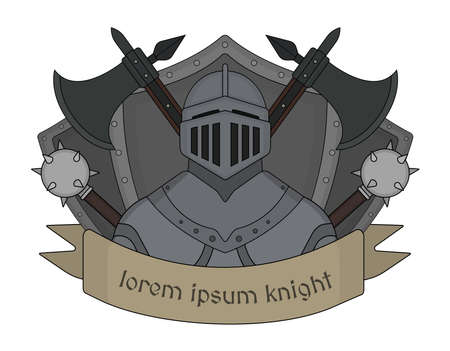 Medieval knight logo. Helmet, armor, mace, ax, shield, sign. Vector clip art illustration isolated on whiteのイラスト素材