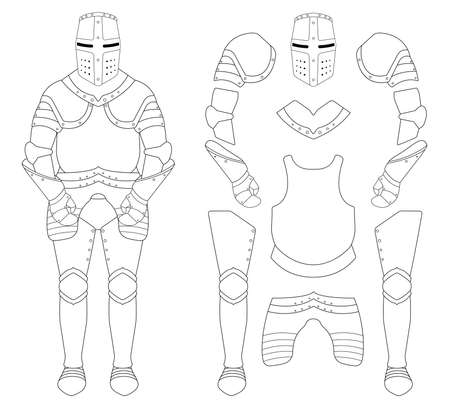 Medieval templar knight armor set. Helmet, shoulders, gloves, breastplate, leggings. Contour clip art vector illustration isolated on whiteのイラスト素材