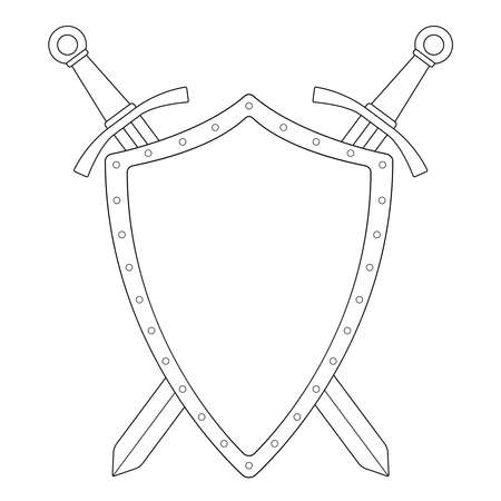 Two crossed swords steel shield heraldry emblem. Security logo. Clip art contour vector illustration isolated on whiteのイラスト素材