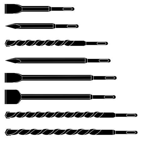 Set of steel professional hammer drill bits. Different shapes. Black and white vector illustration isolatedのイラスト素材