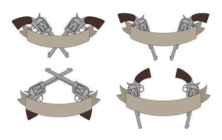 2 crossed pistols and text ribbon in different variations. Vector clip art illustrations isolated on whiteのイラスト素材