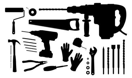 Construction tools silhouettes set: paint roller, insulating tape, hand saw, puncher, drill and bits, hammer, nails, pliers, screwdriver, measuring tape, wrench tools, working glovesのイラスト素材