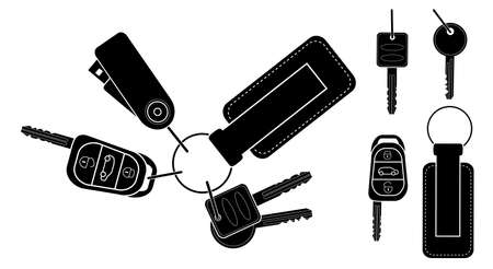 Set of realistic keys icons: remote car starter, usb flash drive, leather trinket, group of house keys. Black and white vector clip art illustration isolatedのイラスト素材