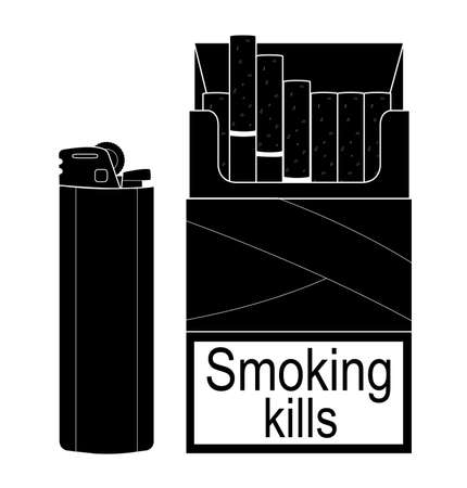 Open cigarettes pack with disposable gas lighter. Black and white illustration isolatedのイラスト素材