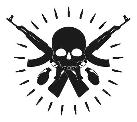 Skull 2 grenades 2 crossed assault rifles and bullets emblem. Vector clip art illustration isolated on whiteのイラスト素材