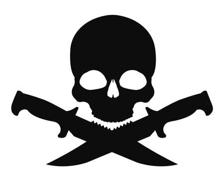 Skull and 2 crossed knifes black emblem. Vector clip art illustration isolated on whiteのイラスト素材