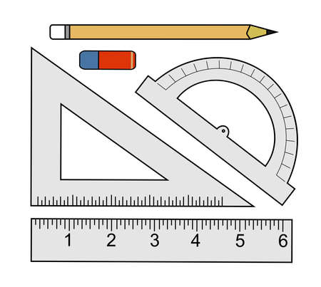 Education set. Pencil, eraser, protractor, triangle ruler, liner ruler. Vector clip art color illustrations isolated on whiteのイラスト素材