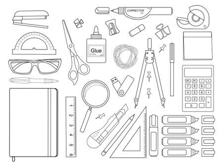 Stationery tools: pen, binder, clip, ruler, glue, zoom, scissors, scotch tape, stapler, corrector, glasses, pencil, calculator, eraser, knife, compasses, protractor, sticky notes. Contour linesのイラスト素材