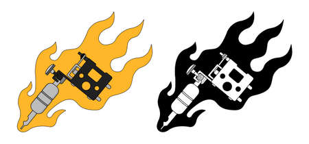 Classic tattoo machine in flame. Color, black and white. Vector clip art illustrations isolated on whiteのイラスト素材