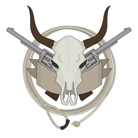 Wild west cow skull, pistols, ribbon, lasso logo. Color vector clip art illustration isolated on whiteのイラスト素材