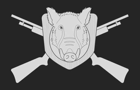 Hunting trophy. Stuffed taxidermy wild boar head with big tusks in wood shield. 2 crossed shotguns. Blackboard chalk vector illustration isolated on blackのイラスト素材
