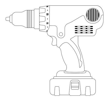 Electric cordless hand drill icon in black and yellow colors. Contour lines vector illustration isolated on whiteのイラスト素材