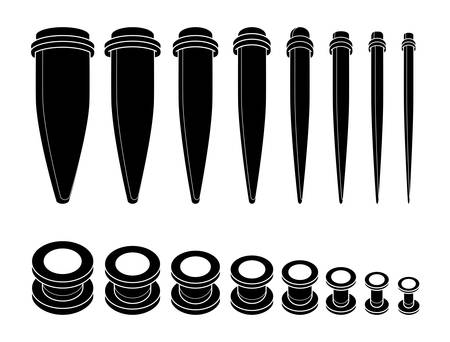 Set of ear tunnels and taper starters kit different sizes icons. Black color. Vector clip art illustration isolated on whiteのイラスト素材