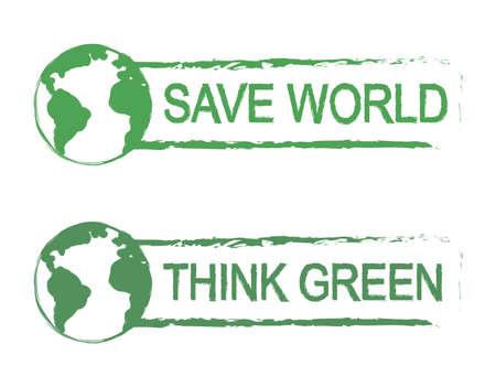 Save world, think green, scratch grunge vector graffiti print sign with planet earth icon in green color isolated on whiteのイラスト素材