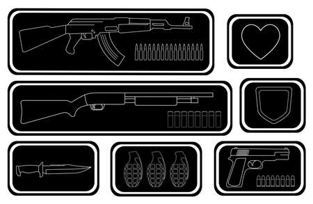 Army game resource set. Military soldier inventory: assault rifle, health bar, shotgun, shield bar, combat knife, grenade, pistol, bullets. Black and white vector illustration isolated on whiteのイラスト素材