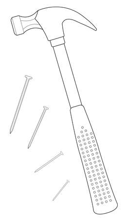 Claw hammer with steel nails. Repair equipment. Rubber handle. Contour lines vector clip art illustration isolated on whiteのイラスト素材