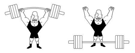 Sportsman lifting heavy barbell. Athlete standing with happy face. Vector clip art contour lines illustration isolated on whiteのイラスト素材