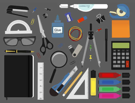 Stationery tools: marker, paper clip, pen, binder, clip, ruler, glue, zoom, scissors, stapler, corrector, glasses, pencil, calculator, eraser, compasses, protractor. No outlines vector illustrationのイラスト素材