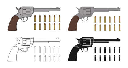 Set of six-gun revolvers with bullets. Game resources. Color, contour, silhouette.のイラスト素材