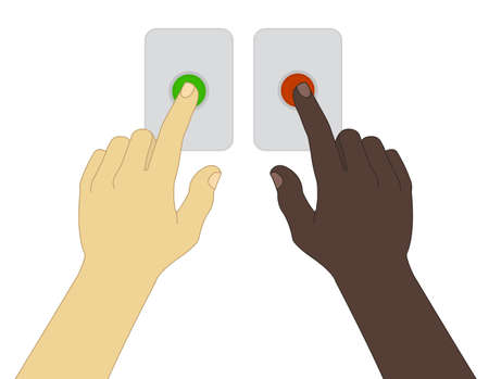 Caucasian and african-american hands pressing green and red buttons. 