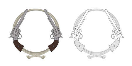 Wild west two revolver pistols banner. Vector color and contour lines illustrations isolated on whiteのイラスト素材