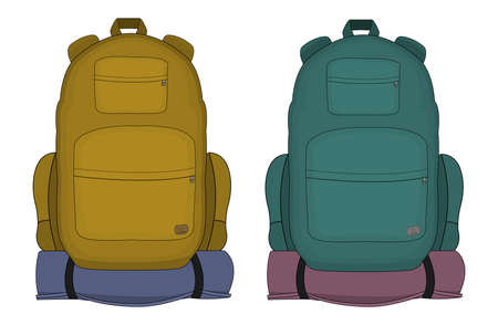 Travel  backpacks with mattress. Mustard and aqua blue colors. Vector clip art illustrations isolated on whiteのイラスト素材