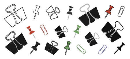 Stationery office paper pins and clips set. Contour, color, silhouette. Vector clip art illustrations isolated on whiteのイラスト素材
