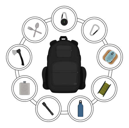 Traveler black backpack contents. Tourism objects in round frame. Vector clip art illustrations isolated on whiteのイラスト素材