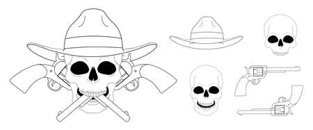 Skull in hat 2 crossed pistols emblem. Vector clip art linear illustration isolated on whiteのイラスト素材