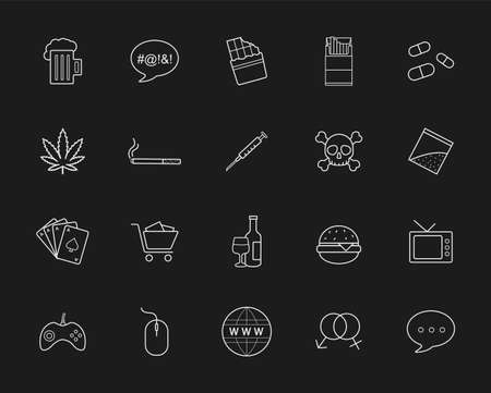 Bad habits chalk linear icons. Vector line art symbols isolated on blackboardのイラスト素材