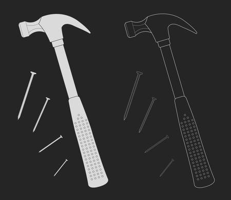 Claw hammer with steel nails. Repair equipment. Rubber handle. Chalk vector clip art illustration isolated on blackboardのイラスト素材