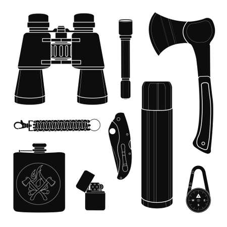 Camping equipment silhouettes set. Vector black clip art isolated on whiteのイラスト素材