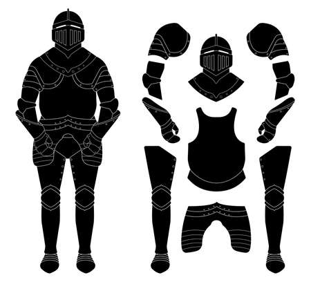 Medieval knight armor set. Helmet, shoulders, gloves, breastplate, leggings. Black vector illustrationのイラスト素材