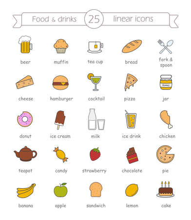 Food and drinks, nutrition color icons set with signs. Vectorのイラスト素材