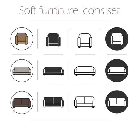 Soft furnishing icons set. Chair, sofa, couch. Color, silhouette and line drawing. Home upholstered furniture  symbols isolated on whiteのイラスト素材