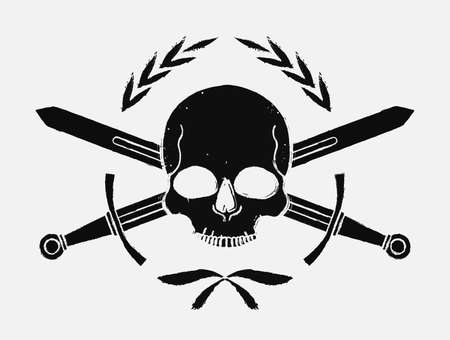Skull and crossed sword medieval black emblem in laurel wreath. Grunge print vector illustrationのイラスト素材
