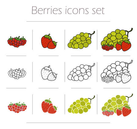 Berries icons set. Healthy fresh die food symbols. Raspberries, strawberries and bunch of grapes vector illustration isolated on whiteのイラスト素材
