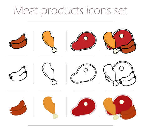 Meat icons set. Chicken leg, beef steak and smoked sausages vector illustrations isolated on white.  Butchery symbols. Contour and colorのイラスト素材